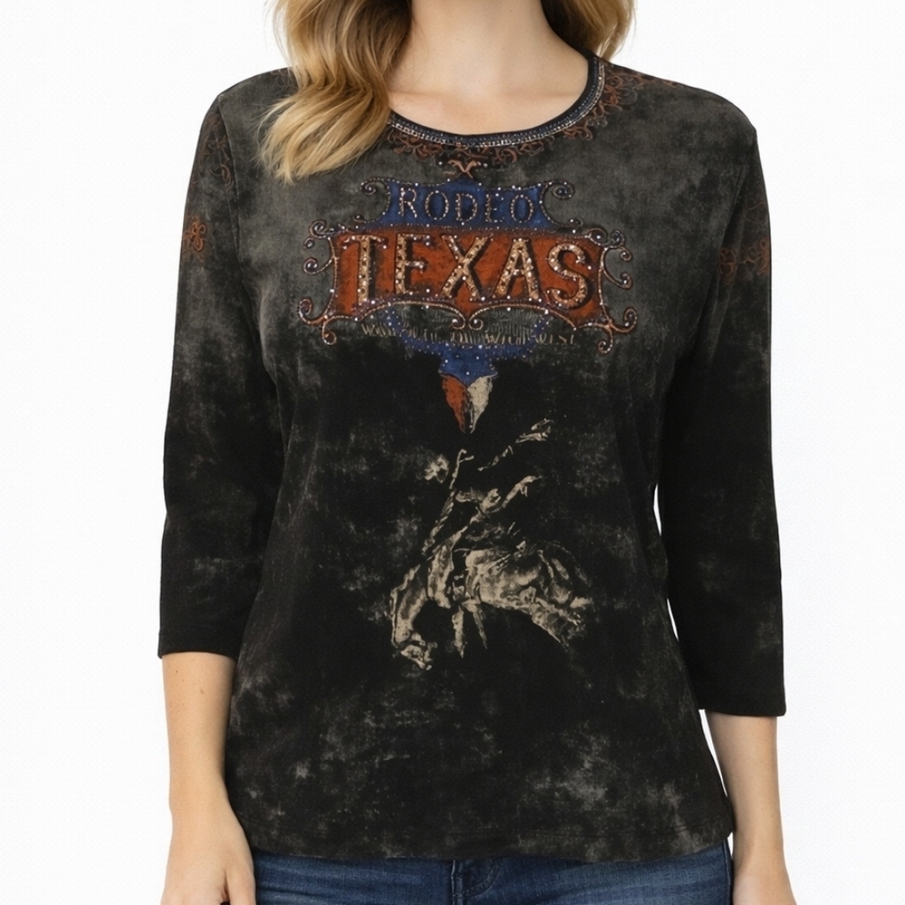 CACTUS Y2k Black Bedazzled Graphic Rodeo Texas Three Quarter Sleeve Top